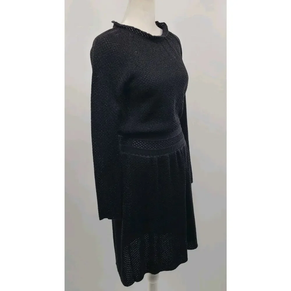 Tory Burch Black Isabelle Wool Knit Dress XS Sweater Semi Sheer Ruffle Neck‎